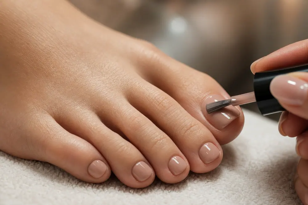 Fußnägel werden mit Nude-Lack lackiert
